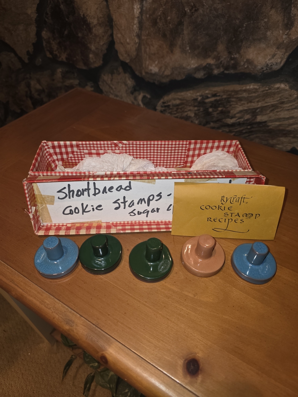 Vintage Cookie Stamp Set with Red Gingham Box - Blue, Green, Peach